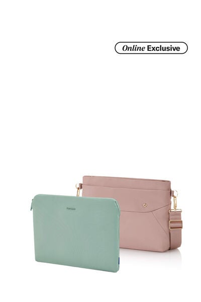 Valerie Shoulder Bag Rose Quartz + Travel Essential Laptop Sleeve Iceberg Green    