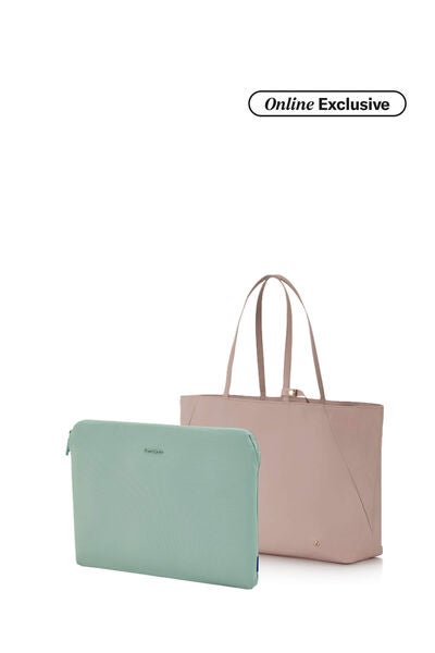 Valerie Tote Bag Rose Quartz + Travel Essential Laptop Sleeve Iceberg Green    