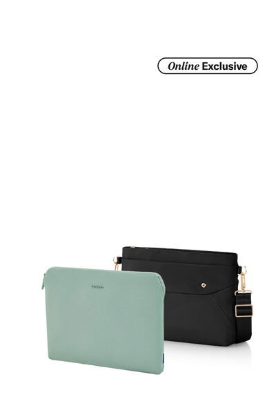 Valerie Shoulder Bag Black + Travel Essential Laptop Sleeve Iceberg Green   
