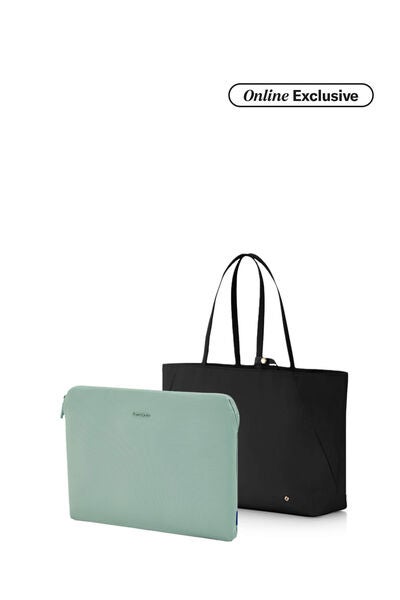 Valerie Tote Bag Black + Travel Essential Laptop Sleeve Iceberg Green   